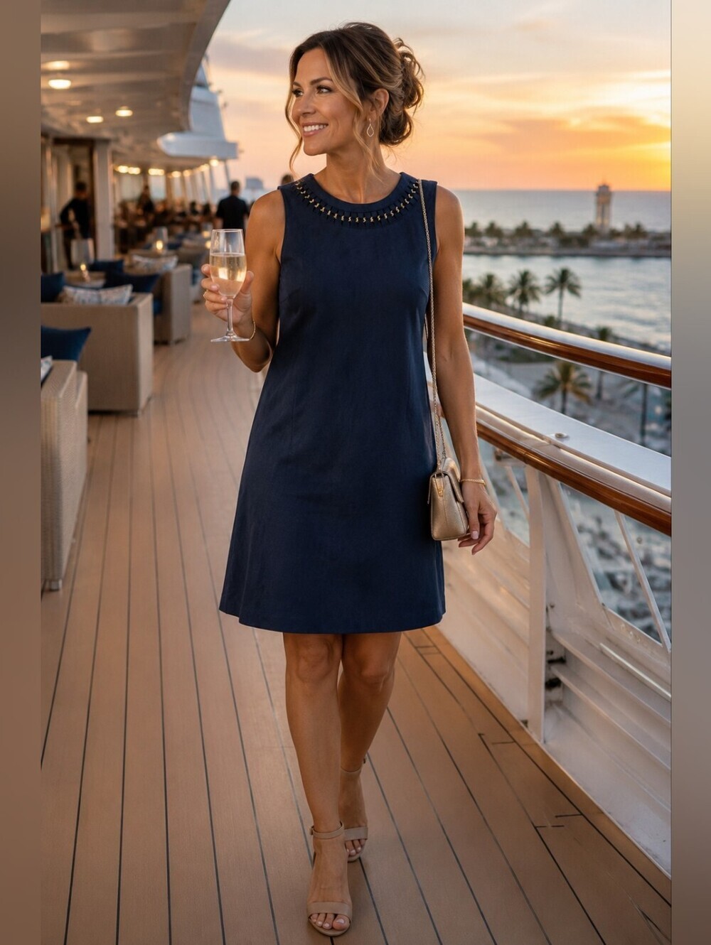 Jessica Simpson Navy Faux Suede Shift Dress with Gold Chain Neckline | Sleeveles